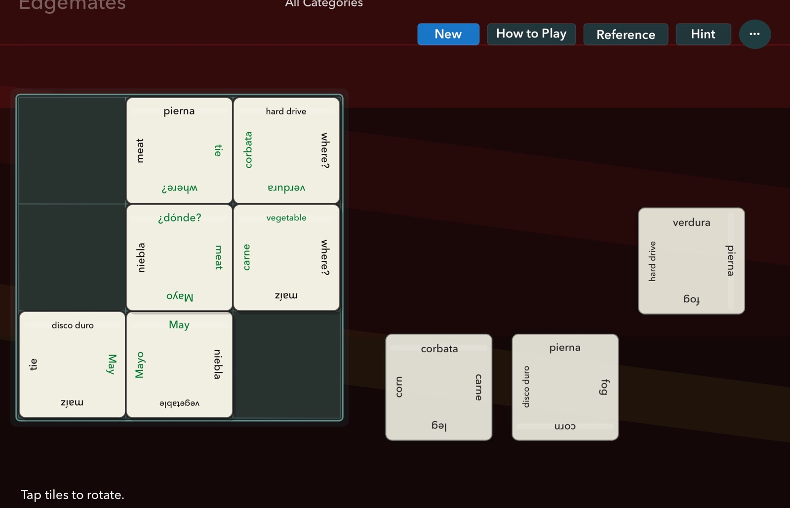 EdgeMates Spanish gameplay with vocabulary tiles on the board