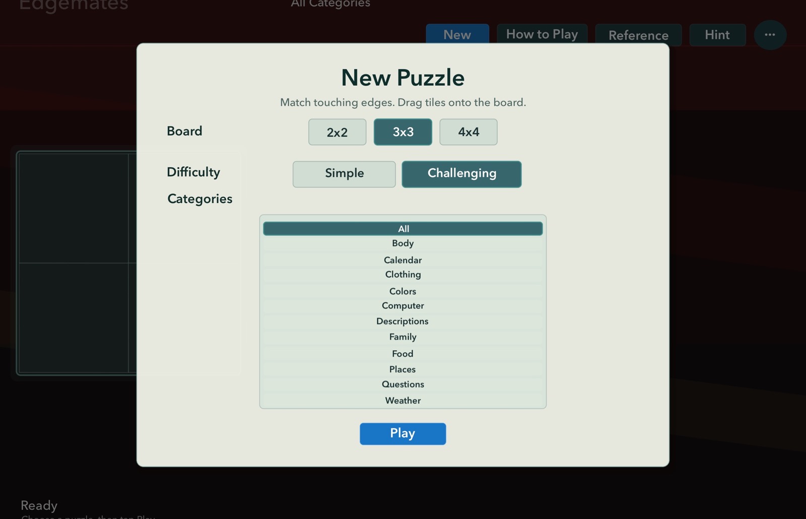 EdgeMates Spanish new puzzle setup screen