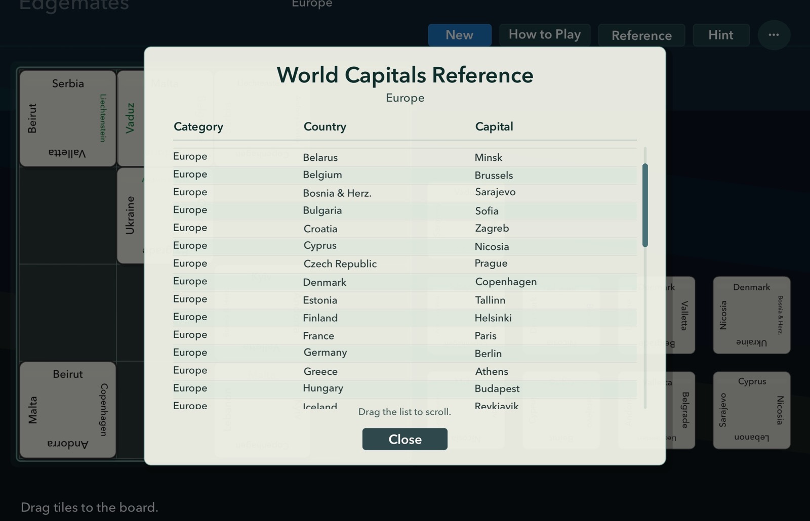 EdgeMates World Capitals Europe reference list